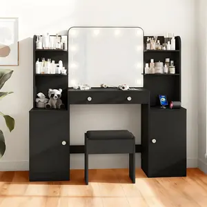 wanan 53" W Makeup Vanity Set with Chair and Power Outlet, Big Vanity Desk with Mirror and Lights, 3 Color Lighting Modes & Adjustable Brightness for Bedroom, Black