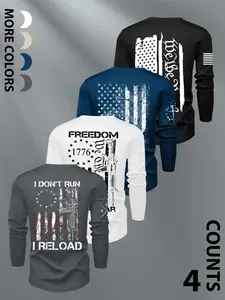Men's four piece long sleeved round neck T-shirt, featuring a damaged United States flag, Distressed, and a silk screen print of "freedom". The loose fit is suitable for patriotic activities and daily leisure, and the durable retro print