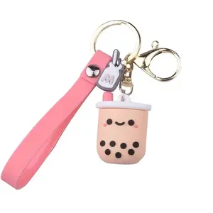 Boba Tea Kawaii Keychain - Cute Design with Pink Handle and Round Keychain Attachment