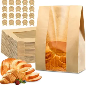50 PCS Bread Bags with Window for Homemade Bread, Thick Paper Bakery Bags for Sourdough, Cookies & Snacks, Large Storage Bags with Sealing Stickers & Ties