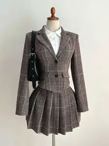 🖤 Women’s Houndstooth Blazer Skirt Suit Set – Notched Collar Asymmetric Jacket with A-Line Pleated Skirt, Preppy Work Look 💼