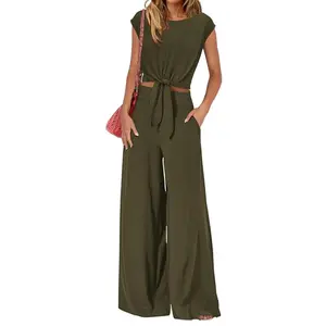 PrettyGarden Crewneck Strappy Women's 2-Piece Lounge Sets 100% Polyester Chiffon Texture  Casual Summer Outfits Cap Sleeve Crop Tops Wide Leg Pant Tracksuit - Womenswe