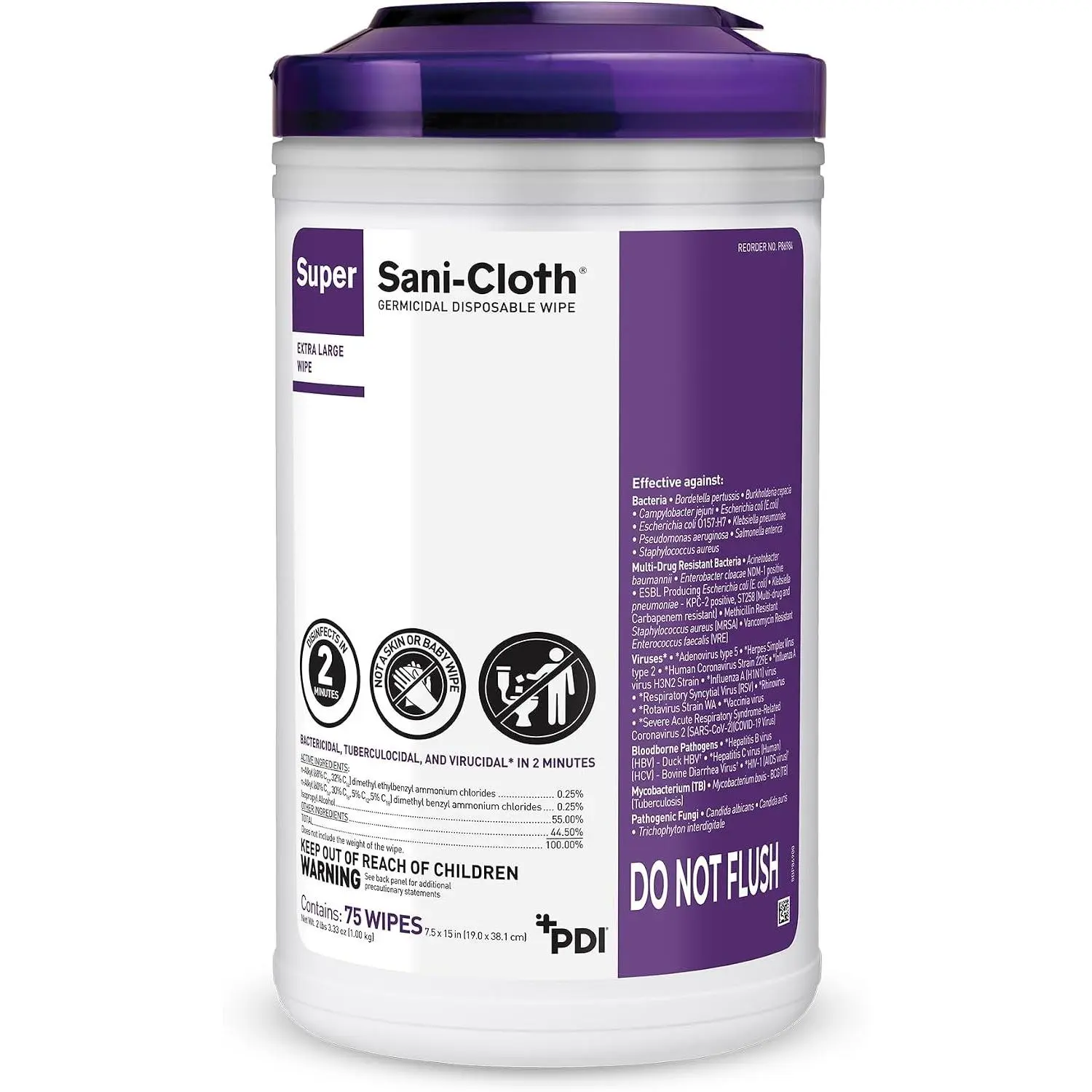 Super Sani- Cloth Germicidal Disposable Wipe, X-Large 5'' x 8'' Wipe, Pop Up Dispenser of 65