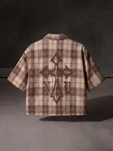 Men's Gothic Cross Print Plaid Checked Short Sleeve Shirt, Vintage Washed Short Jacket, Street Style Streetwear Casual Top
