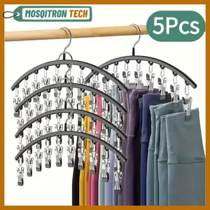 Curved Hanger with 10Clips,Stainless Steel Yoga Pants Hanger, Space Saving Closet Hanger, Coat Hanger Closet Organizers, Wardrobe Storage Rack, Dormitory Storage Rack for Clothes Socks Organizer Storage, Unique Furniture for Bedroom
