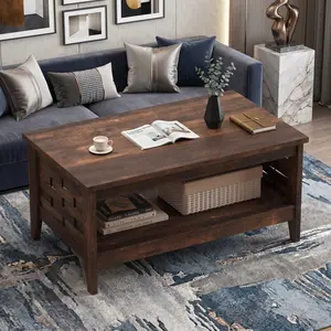 :39.5 Inch 2-Tier Coffee Table with Open Storage Shelf, Rustic Oak Brown Coffee Table with Woven Decorations, Wooden Center Table Multifunctional Storage Accent Furniture for Living Room Home Decor