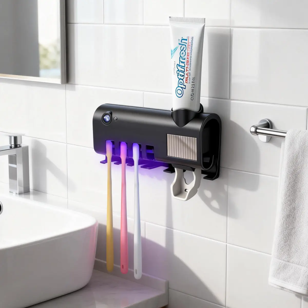 Multifunctional family toothbrush holder, wide compatibility for kids’ toothbrushes and long-handled toothbrushes, easy-to-install adhesive toothpaste organizer
