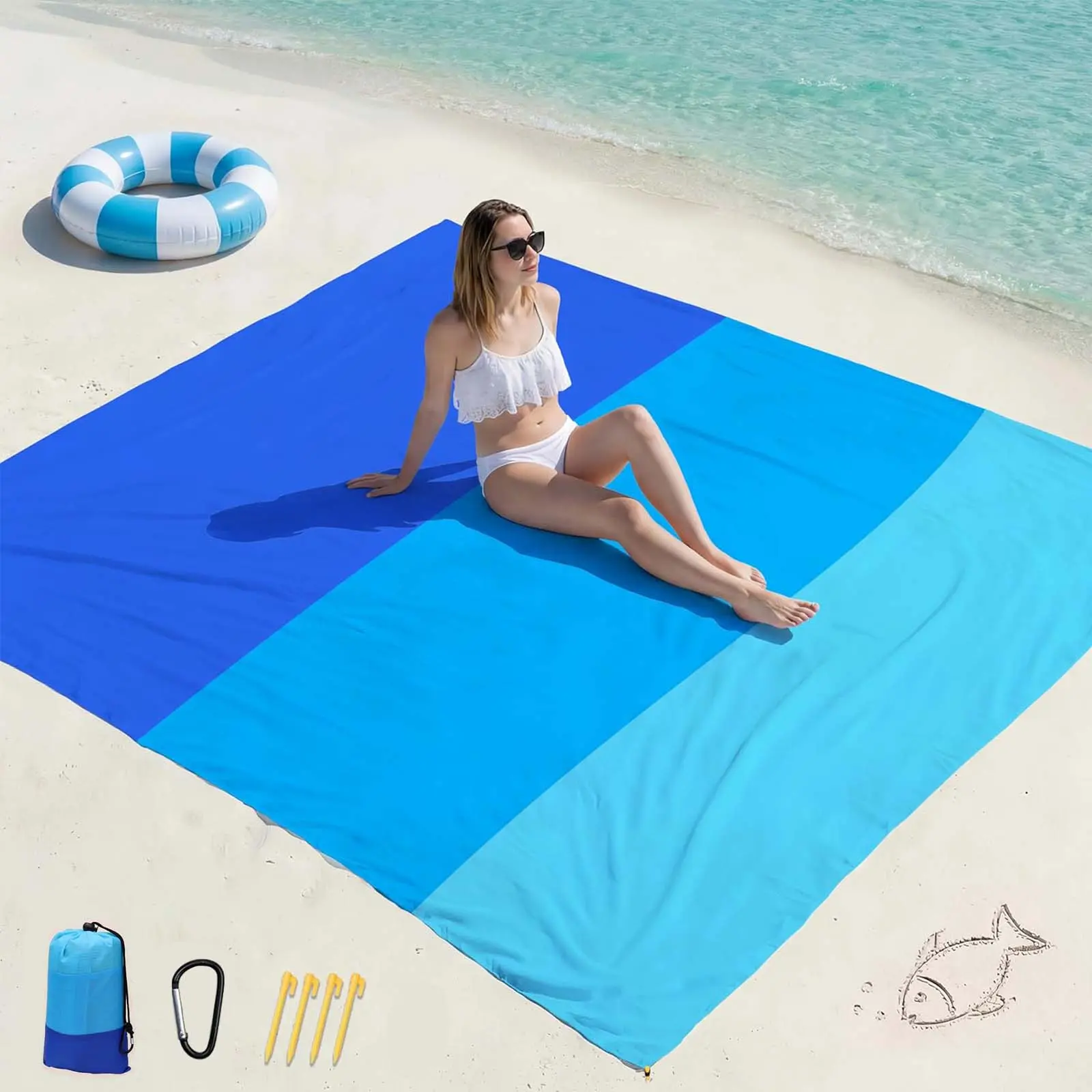 Beach Blanket Waterproof Sandproof Large Sand Free,82.68''X78.74''/6.89'X6.56' Oversized Sandless Lightweight Blanket Picnic Mat for Beach Travel Camping Hiking with Stakes