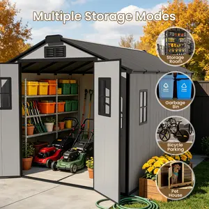 10x8 Ft Outdoor Storage Shed with Floor, Extra Thick Galvanized Metal Shed for Bikes, Tools and Pool Supplies, Resin Shed with 4 Window Insert&Skylight, Vents for Patio, Backyard