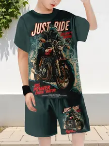 Boys' American Retro Motorcycle Theme Printed Pajama Set, Casual Fitted Track Shorts, All over Print, Perfect for Motorcycle Enthusiasts