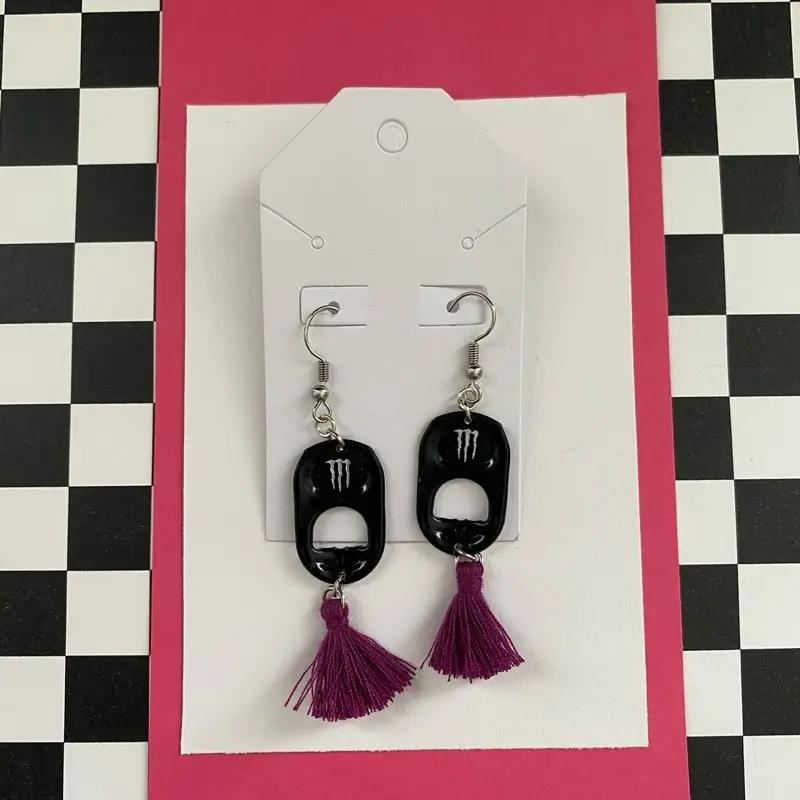 Black monster tab/purple tassel Earrings
