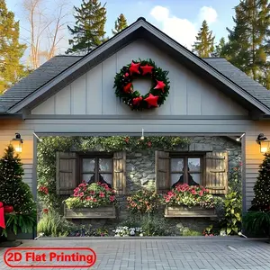 2D Flat - 2D Door Banner 1pc 2D Flat Large Polyester Garage Door Banner | Stone Wall and Colorful Floral Theme Design, Suitable for Festival, Courtyard, Studio, Home and Garden Celebrations, M