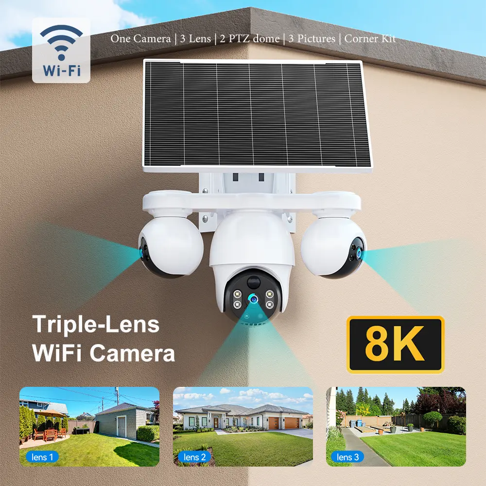 8K WiFi Outdoor Solar-Powered Security Camera With Triple Lens And Three-View, CCTV Video Surveillance, PTZ 360° Pan/Tilt Rotation, Motion Tracking, PIR Human Detection, Two-Way Audio, Full-Color Night Vision, Alarm Push Notifications, Support 2.4GHz