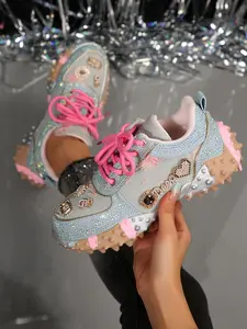 Women's Rhinestone Mesh Dad Shoes, Spring Fall New Arrival, Thick Sole Height Boost, Anti-Slip, Hand-Embedded Diamonds, Fashionable Sporty Casual Shoes, Sneaker