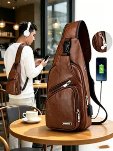 Men's Brown Leather Sling Crossbody Bag with USB Charging Port & Earphone Hole, Versatile Bag, Multi-Pocket Chest Bag for Sports Events, Concerts & Cycling, Portable Everyday Carry Shoulder Pack
