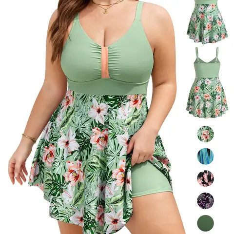 UMIPUBO Women's Plus-Size 1-Piece Swimsuit - Push-Up V-Neck, Ruffled Skirt, Flat Belly Design, Built-In Shorts - Swimsuit Beachwear, Bathing Suits, Beach Outfits, SwimWeek, One Piece Swimsuits