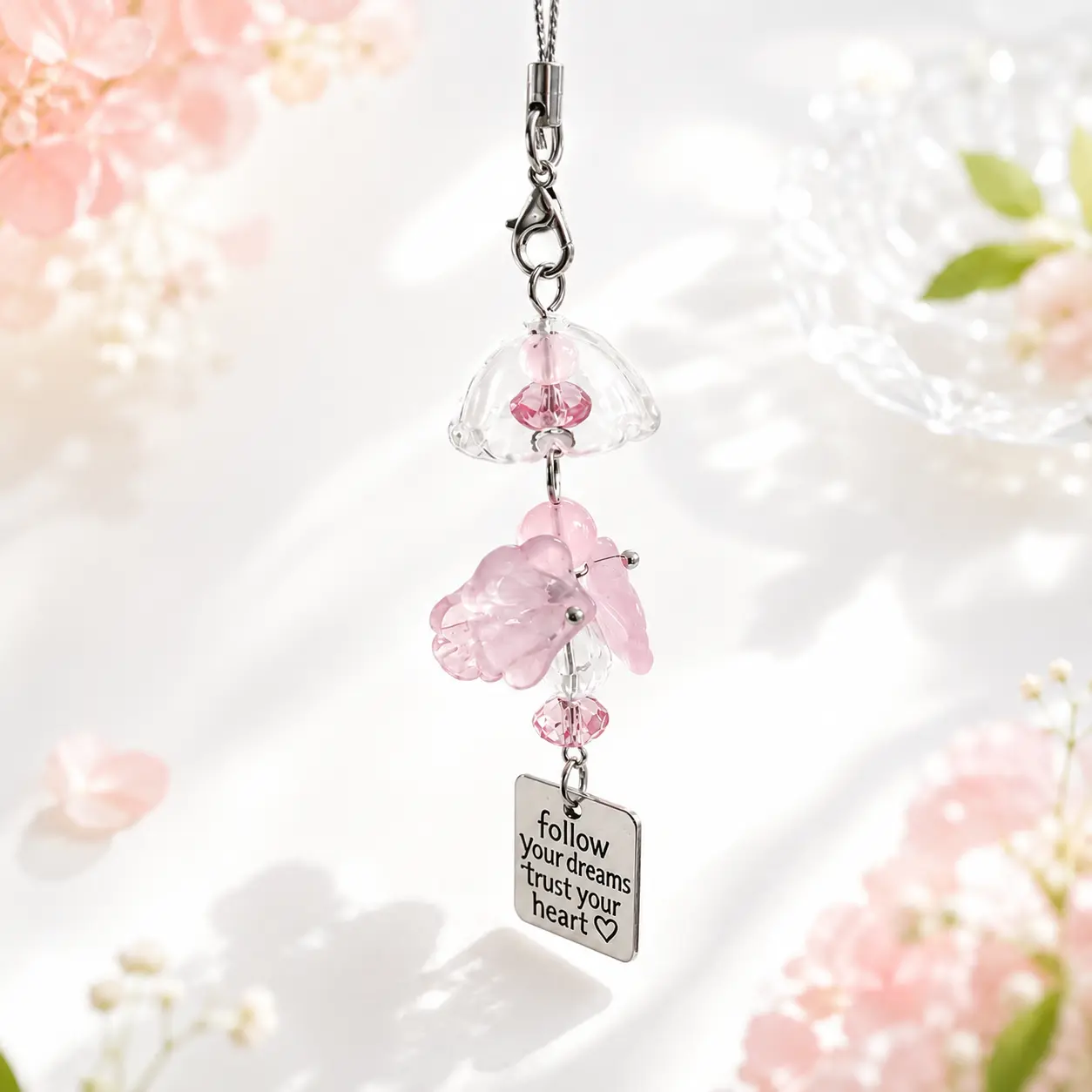 Floral Beaded Bag Charm for Women, Translucent Flower Petal Phone Charm Keychain with Inspirational Tag and Lobster Clasp, Cute Y2K Purse Accessory, Backpack Charm, Birthday Gift