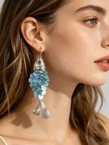 Blue Fish Scale Fringe Earrings, Creative Design Unique High-End Ear Jewelry, Blue Round Piece Fish Ear Cuffs, Fashionable Accessory