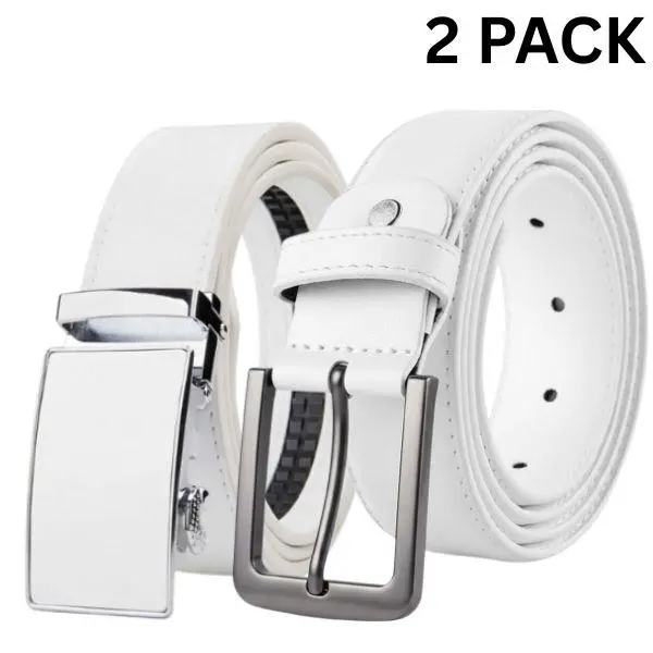 Men's 2-Pack Premium PU Leather White Waist Belts Value Combo - Adjustable Automatic Buckle, Lightweight Strong, Plain Design, for Formal/Casual Outfits, Ideal Male Birthday Gift