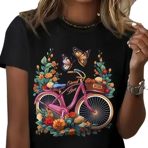 Vintage Bicycle Floral Butterfly T-Shirt | Cottagecore Aesthetic Graphic Tee, Spring Garden, Boho Nature, Retro Bike, Women's Casual Tee, Nature Lover Shirt, Slow Living Gift Round Neck Streetwear tiktokshopspringglowup Tshirt