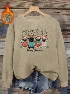 Christmas Pug Dog Print Faux Sweater for Women, Long Sleeve Round Neck Pullover, Soft Elastic Fabric, Casual Fall & Winter Top