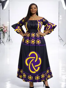 Women’s African Print Maxi Dress – Black and Purple Ankara Flare Dress