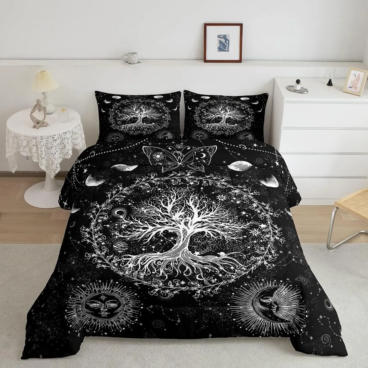 Luxury Galaxy Motif Digital Print Bohemian Quilt Bedspread Set - Decorative Bedding with Tree, Butterfly, Psychedelic Hippie Sun, Moon Duvet Comforter, Bohemian Quilt Set