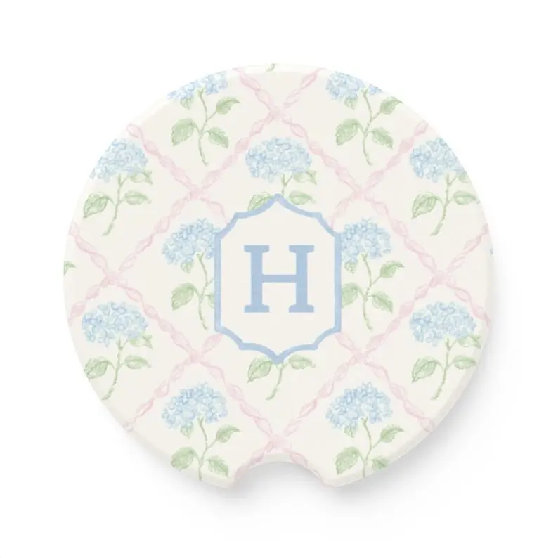 Blue Hydrangea Monogram Car Coaster | Personalized Floral Car Cup Holder Coaster | Custom Initial Car Accessory | Absorbent Neoprene Gift for Her
