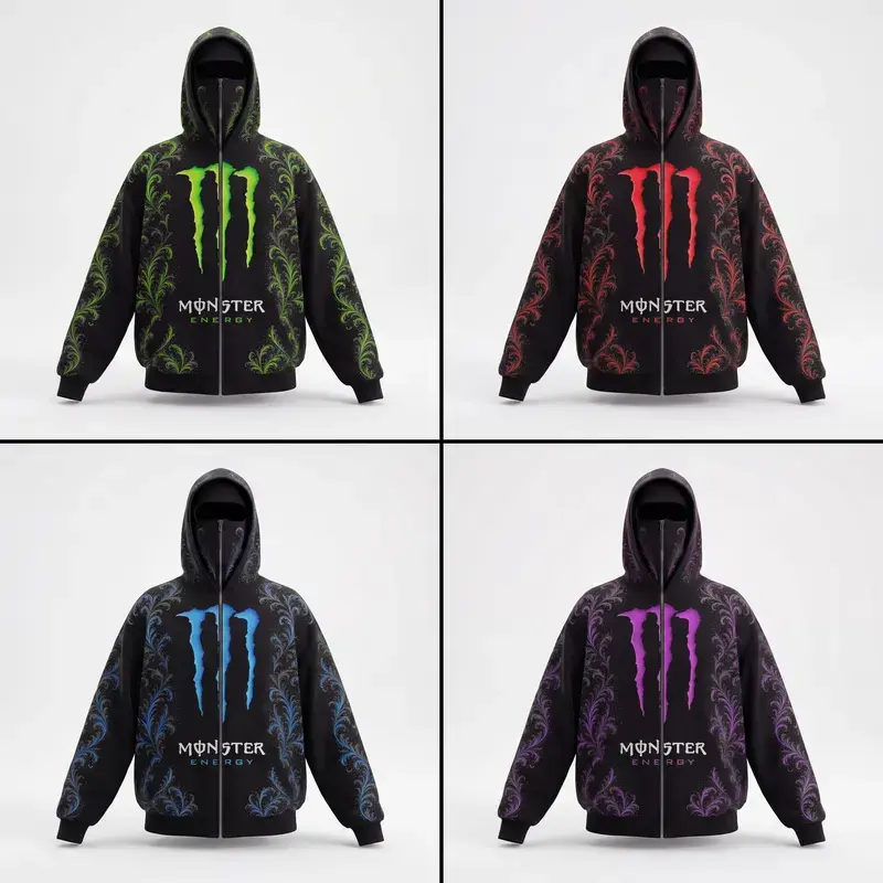 Energy Drink Graphic Full Zip Up Balaclava Hoodie with Integrated Face Mask, Barbed Wire Scrollwork All Over Print Zip Up Sweatshirt, Gothic Otaku Streetwear, Unisex Casual Hooded Jacket for Men and Women
