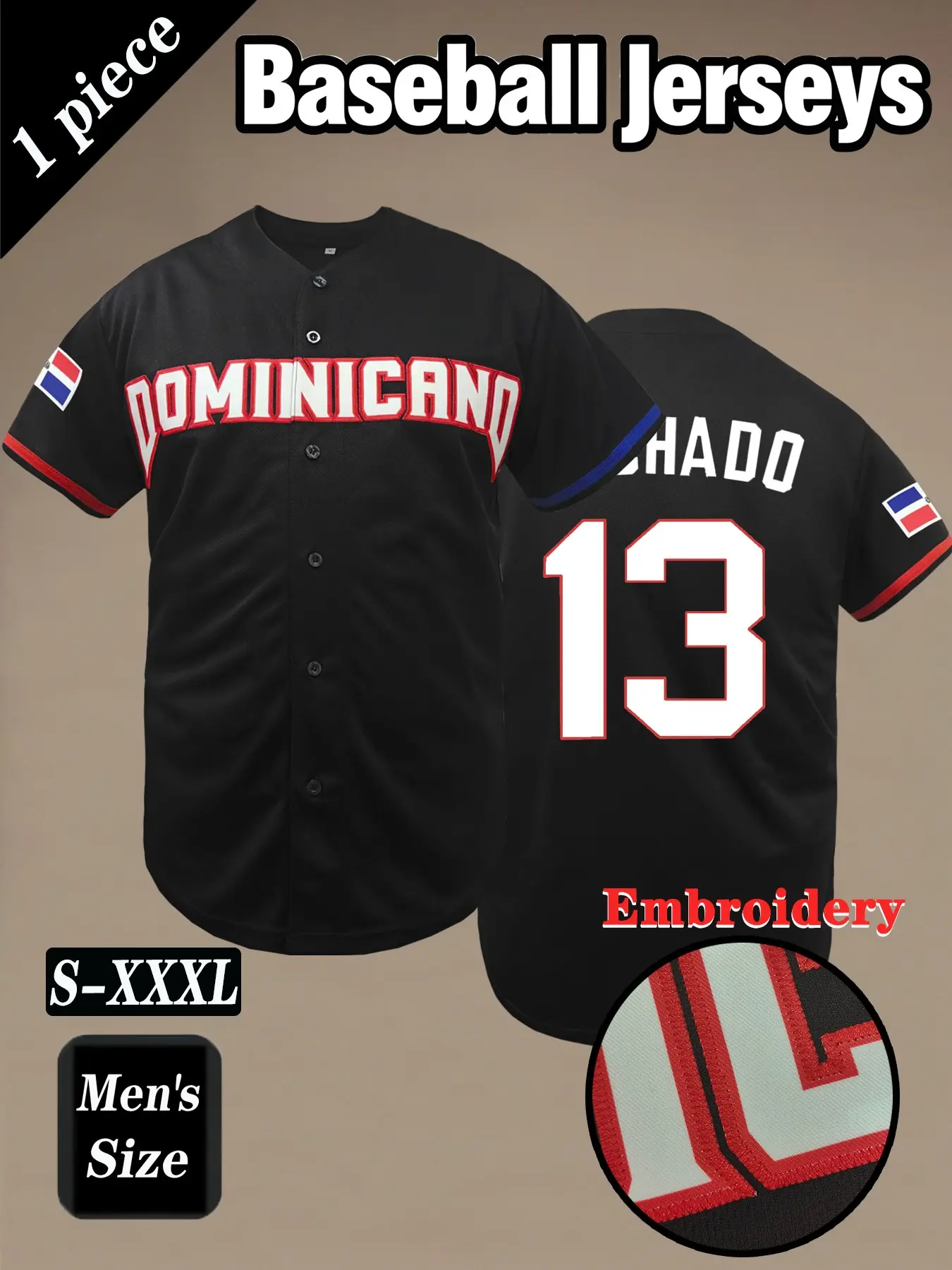 Dominican #13 retro Baseball Sports Style Jersey, Embroidered Design, Casual Short Sleeve V Neck, Breathable Sport Button Cardigan, Unisex