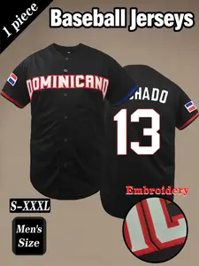 Dominican #13 retro Baseball Sports Jersey, Embroidered Design, Casual Short Sleeve V Neck, Breathable Sport Button Cardigan, Unisex, Baseball Shirt, Stylish Jersey