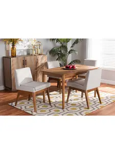 Baxton Studio 5-Piece Nexus Mid-Century Modern Table Chairs Set - Grayish Beige Fabric Upholstered, Walnut Brown Finished Wood, Commercial Office Dining Table Set