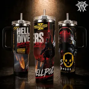 Helldivers 2 Gaming Merch 40oz Tumbler with Handle & 20oz Skinny Insulated Stainless Steel Mug, Burn the Sky Mission Ready Travel Coffee Cup Water Bottle with Straw, Gamer Gift for Him Men Fans