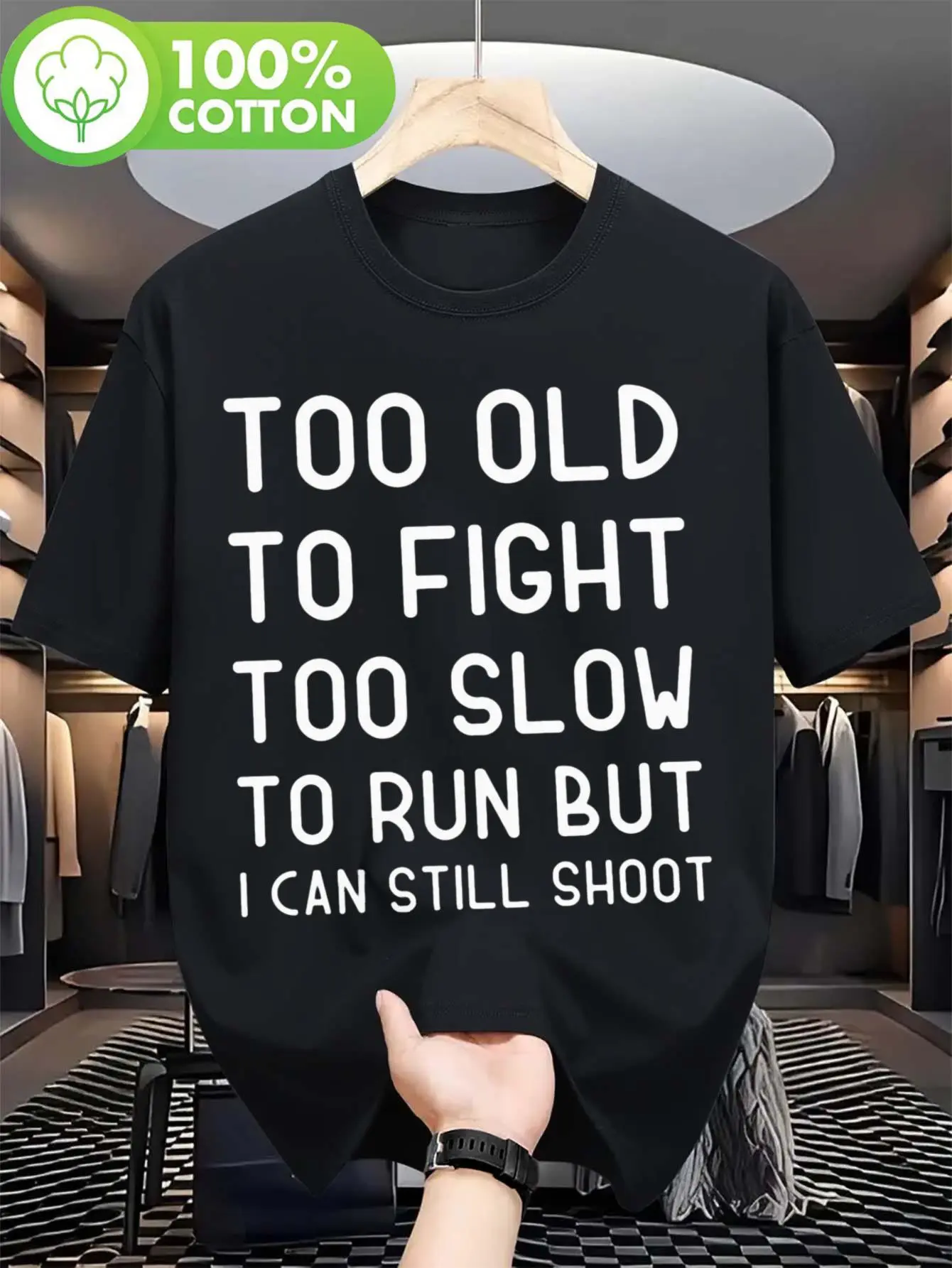1pc Men'S Funny Shooting Sports T-Shirt - "Too Old to Fight Too Slow to Run But I Can Shoot" Saying - Heavyweight 500 GSM Crew Neck Tee - Stretchable Everyday Shirt for Gun Range Casual Wear & Senior Shooters - Funny Gift for Men - All-Season