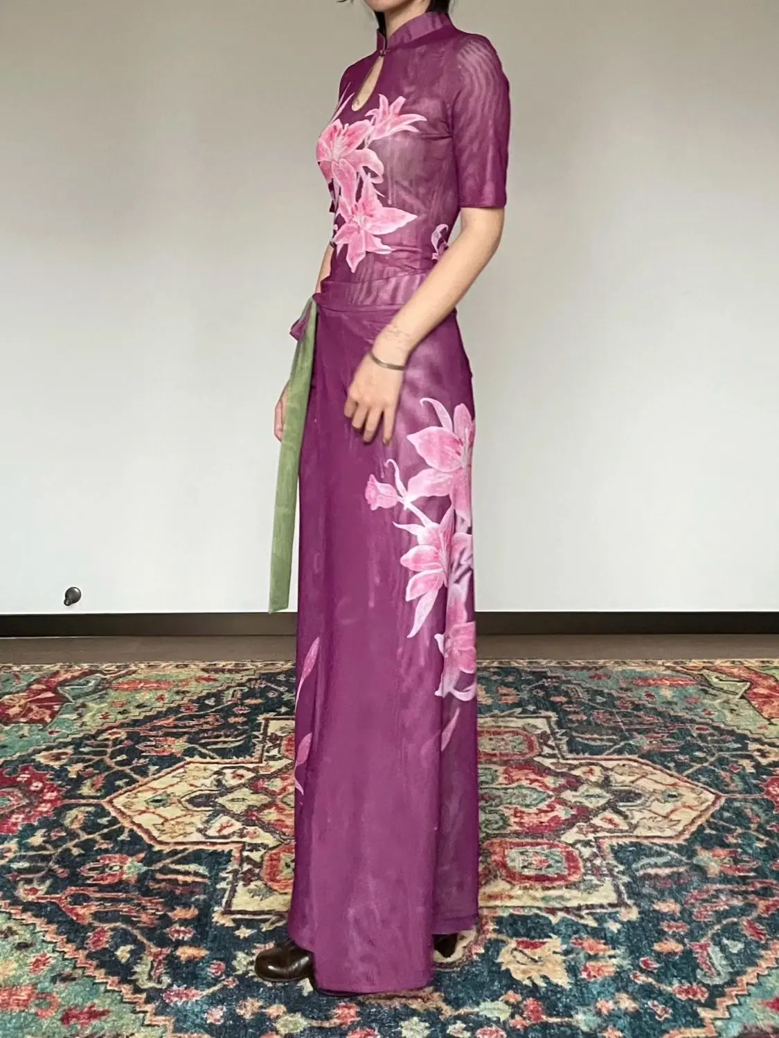 Lily & Floral Green Deep Purple Reversible Mesh · Neo-Chinese Fitted Wrap Dress (Sleeveless/Short Sleeve)