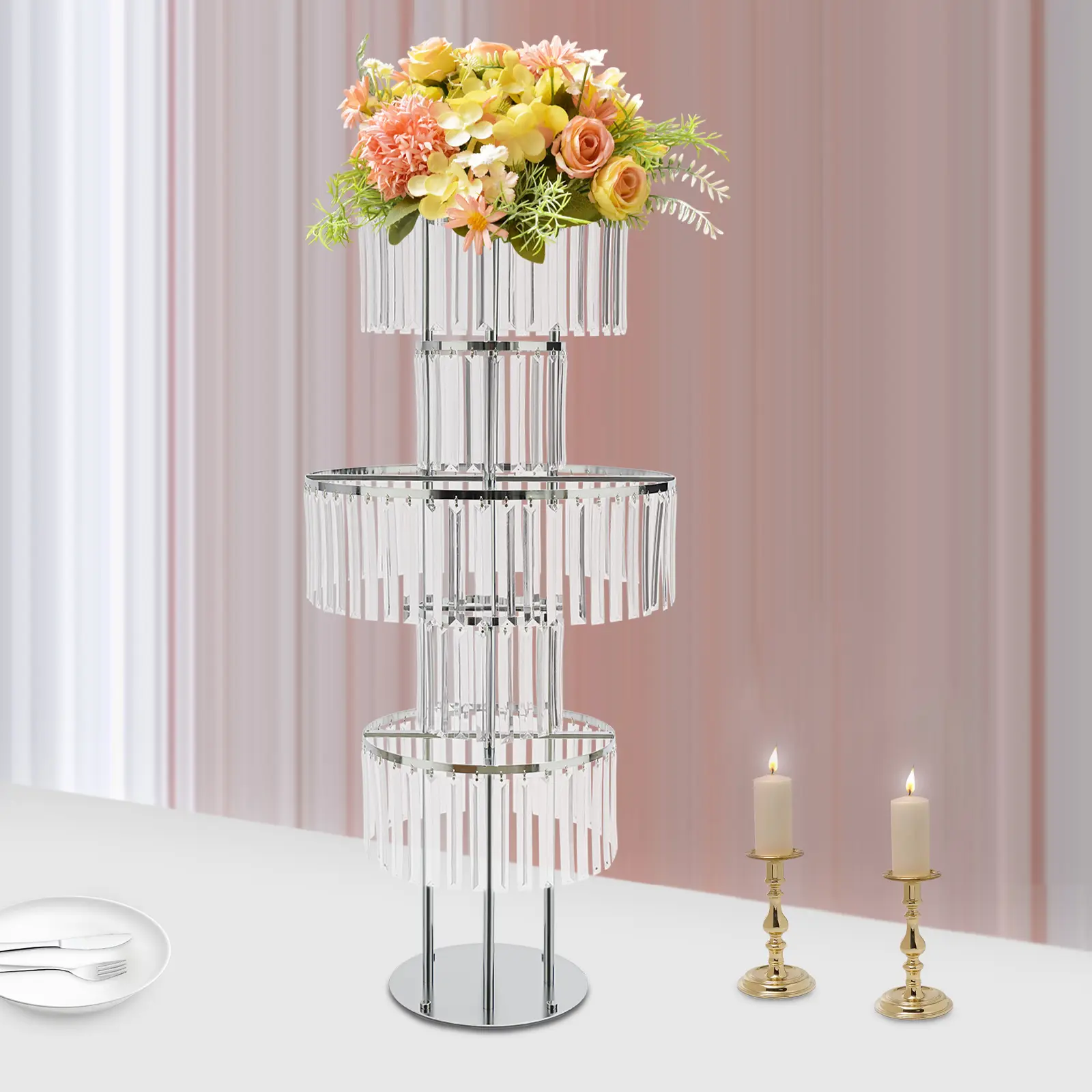 5-Tier Silver Electroplating Acrylic Crystal Flower Stand, 3D Home Supplies, Modern Indoor Decor Ready for Special Occasions (Wedding Table Centerpieces, Party Supplies), Birthday