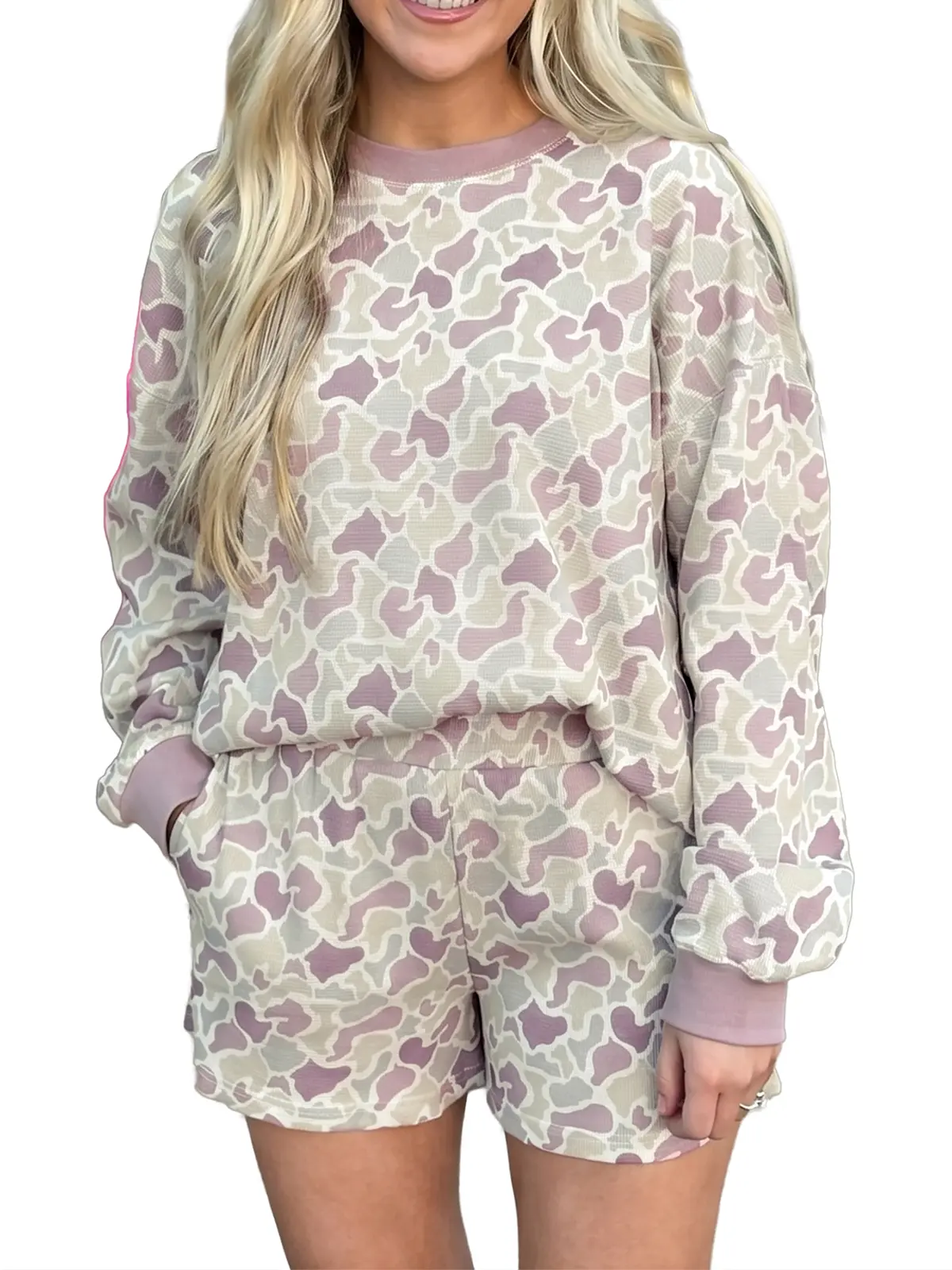 Women's Pastel Camo 2-Piece Lounge Set - Long Sleeve Crewneck Sweatshirt & Shorts Matching Tracksuit