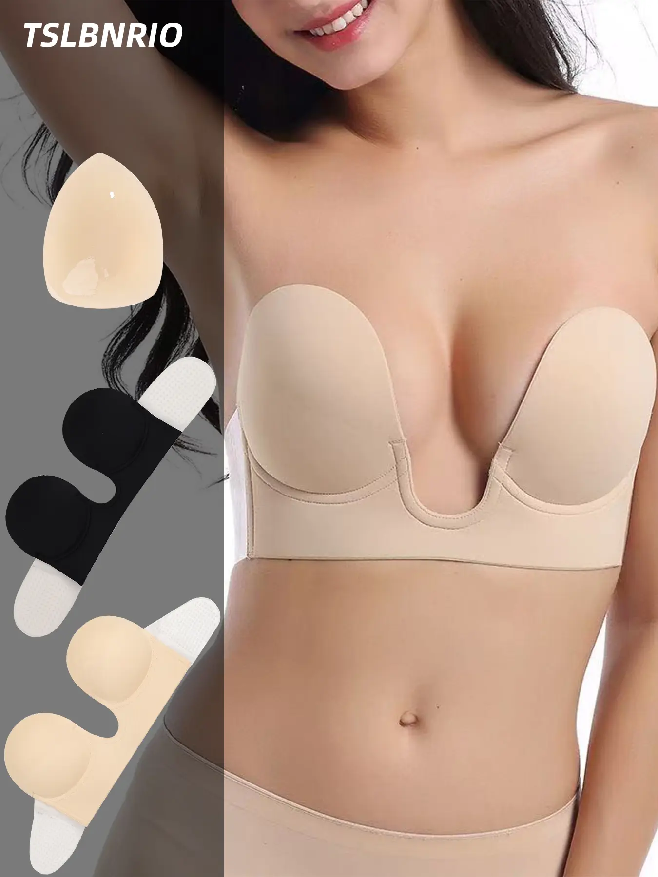 3 Pcs Deep V Invisible Push Up Elegant Chic Minimalist Bra with Extra Pads, Strapless Backless Adhesive Sticky Bra for Women Dress, Non-slip Reusable Support for Wedding Party Summer Essentials