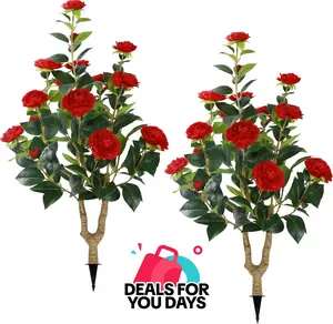 [DealsForYouDays] 2 Packs 35.5" Artificial Camellia Tree, Faux Red Camellia Flowers Plant with Spike, Fake Greenery Tree for Spring Home Front Door Outdoor Indoor Decoration