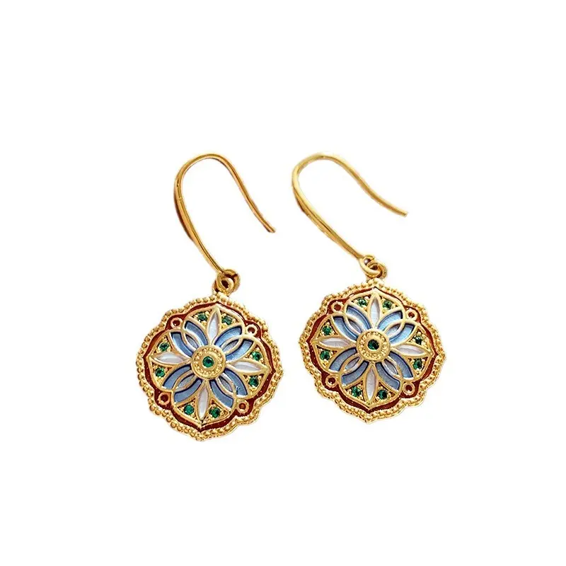 Monet Garden Retro Light Luxury Drop Earrings Floral & Enamel Design Goddess Temperament Gold Plated Ideal for Daily & Events Jewelry for Girls