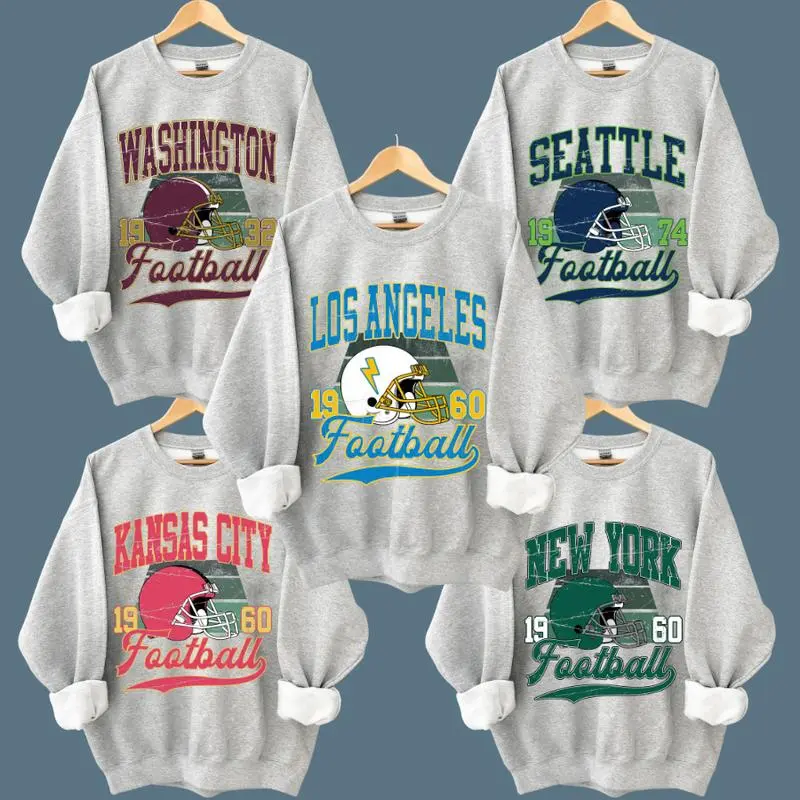 Unisex Crewneck Classic Ash Color Sweatshirt All Team Football Graphic Shirt Retro Style Game Day Pullover for Fans Fall Winter Sports Outfit