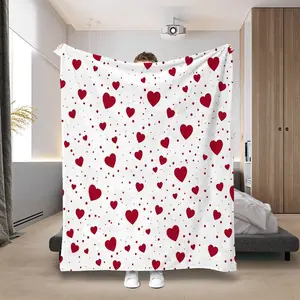 Flannel Blanket with Charming Red Heart Patterns on a White Background, Perfect for Adding a Touch of Warmth and Love to Your Spring and Summer Moments, Providing a Cozy Covering, Valentine's Day Gift