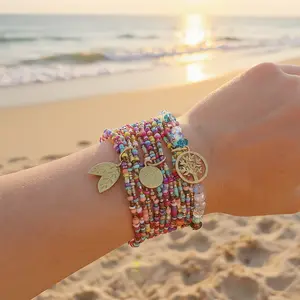 3pcs/set Bohemian Beaded Bracelet for Women, Handmade Elastic Stretch Bracelets with Tree Leaf Pendant, Colorful Rice Beads & Crystal Flat Beads for Summer Beach