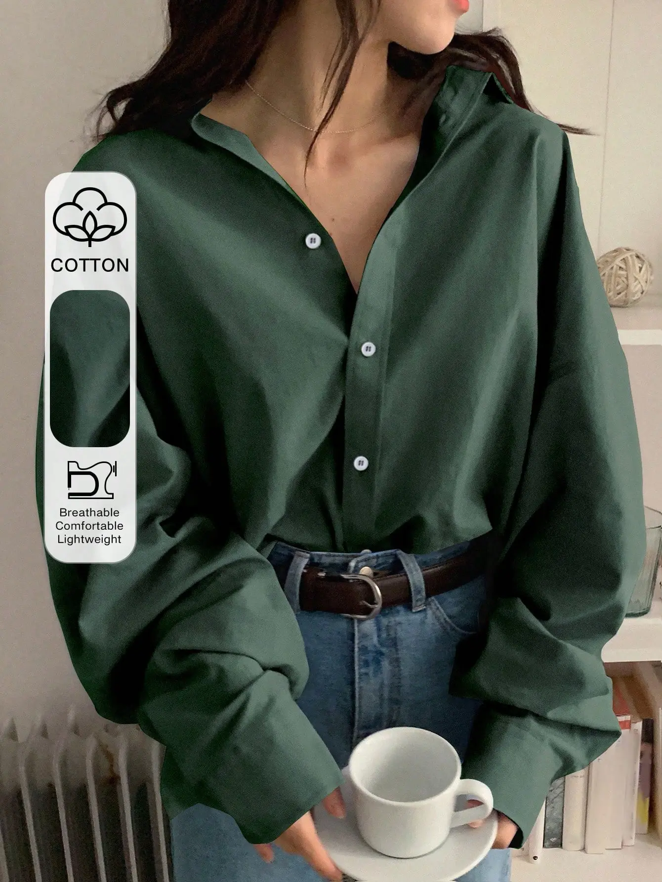 LALUZ Women's Solid Button Up Drop Shoulder Oversized Shirt Long Sleeve Preppy Top Casual Everyday Wear Relaxed Fit Work Office Spring Fall Fashion Aesthetic