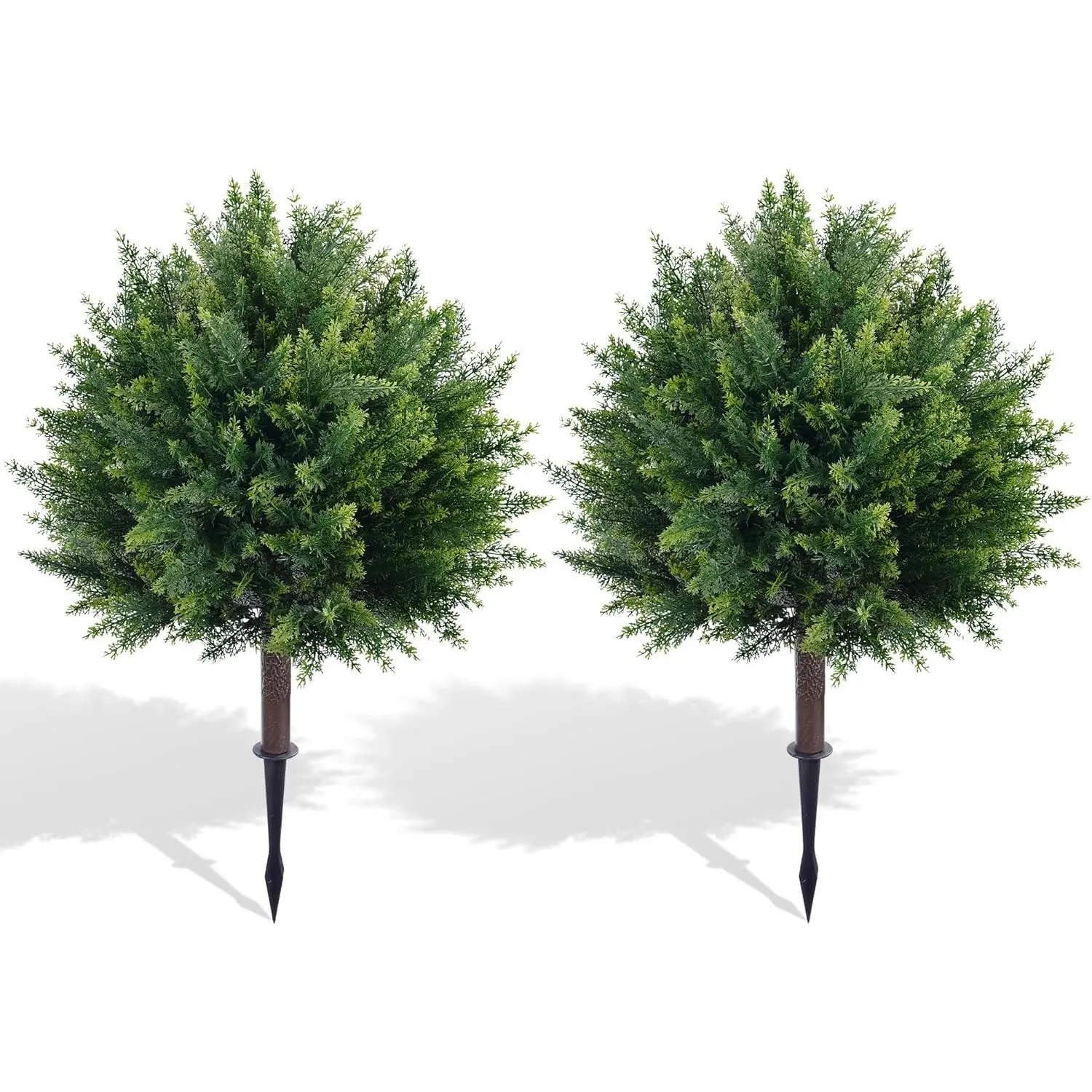 27.6'' Artificial Cedar Topiary Trees with Spikes, Set of 2 Fake Pine Shrubs Bushes Plants UV Resistant Evergreen Faux Cypress Tree for Planter Front Porch Outdoor Spring Decor Pot Fillers