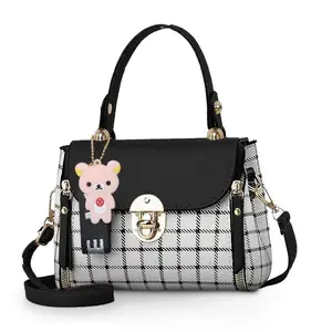 Mini Crossbody Bag for Women Faux Leather Plaid Shoulder Purse Compact Stylish for Daily Use Perfect Gift for Girls Women with Adorable Bear Charm