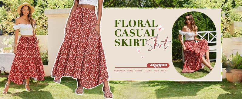 ZEAGOO Long Skirts for Women High Waist A Line Skirt Casual Flowy Tiered Skirt with Pockets Summer Floral Boho Skirt