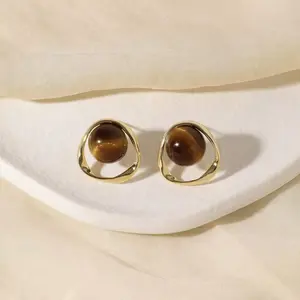 Melard Brown Amber Earrings for Women DDES0513 Coffee Color Light Luxury High-End Earrings 14K Gold-Plated