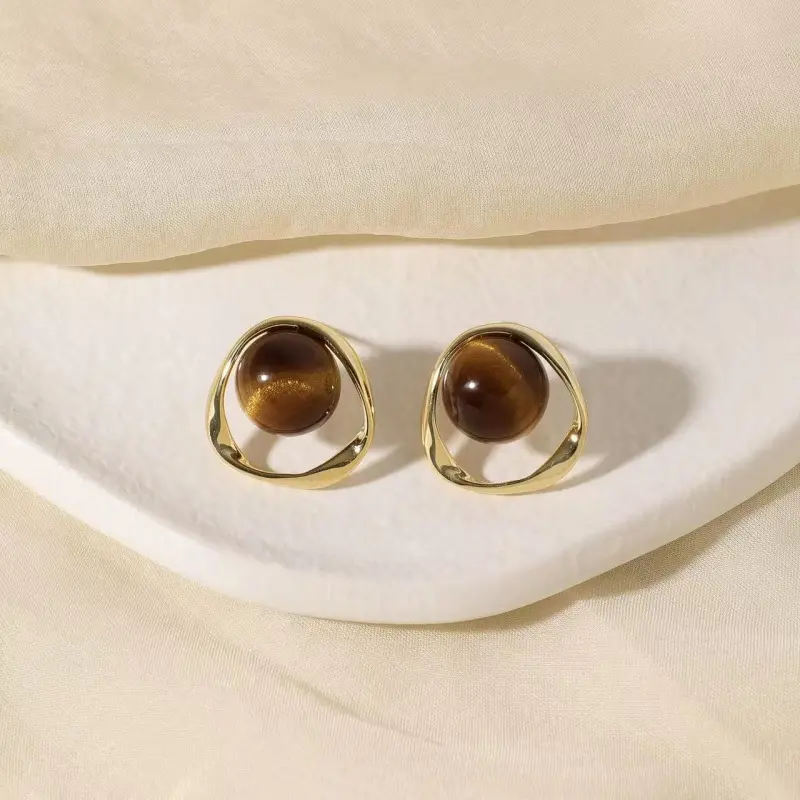 Melard Brown Amber Earrings for Women DDES0513 Coffee Color Light Luxury High-End Earrings 14K Gold-Plated