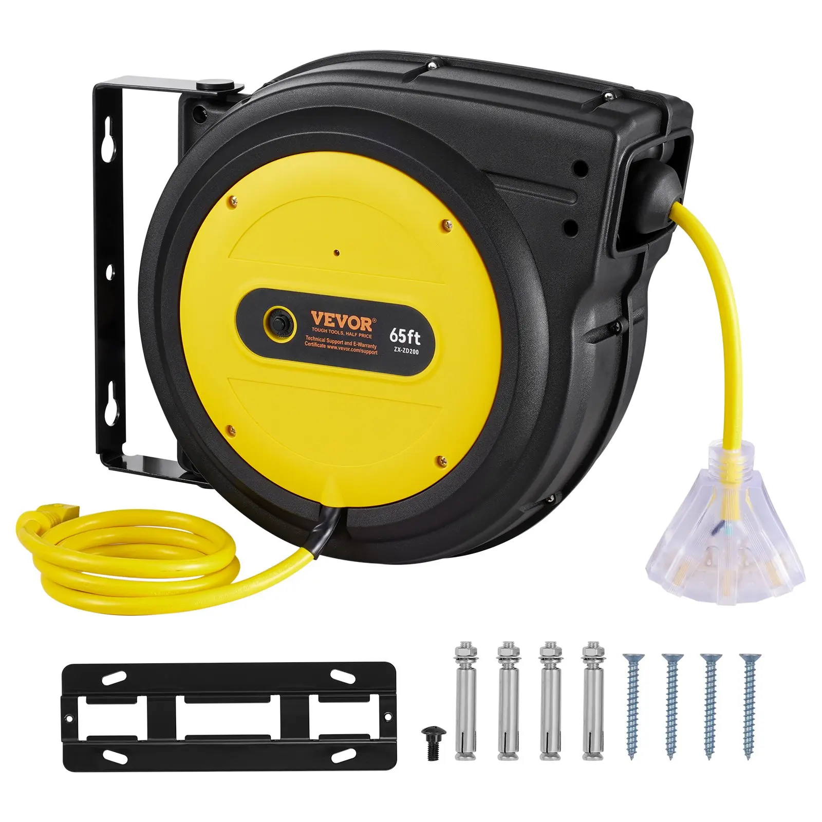 VEVOR Automatic Retractable Extension Cord Reel, 65 ft Heavy-Duty 12AWG/3C SJTOW Power Cord, 15A/125V/1875W Circuit Breaker, Lighted Triple Power Outlets, Mounting Bracket